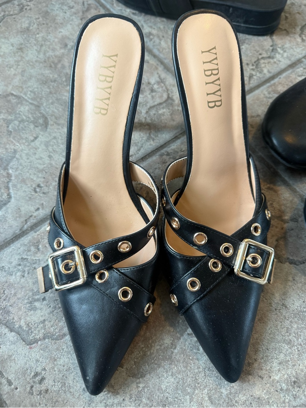 Black Pointed Buckle Mule